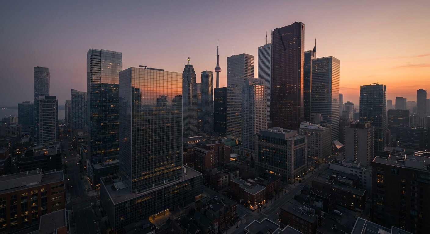 Toronto financial district skyline at dusk with glass towers reflecting sunset