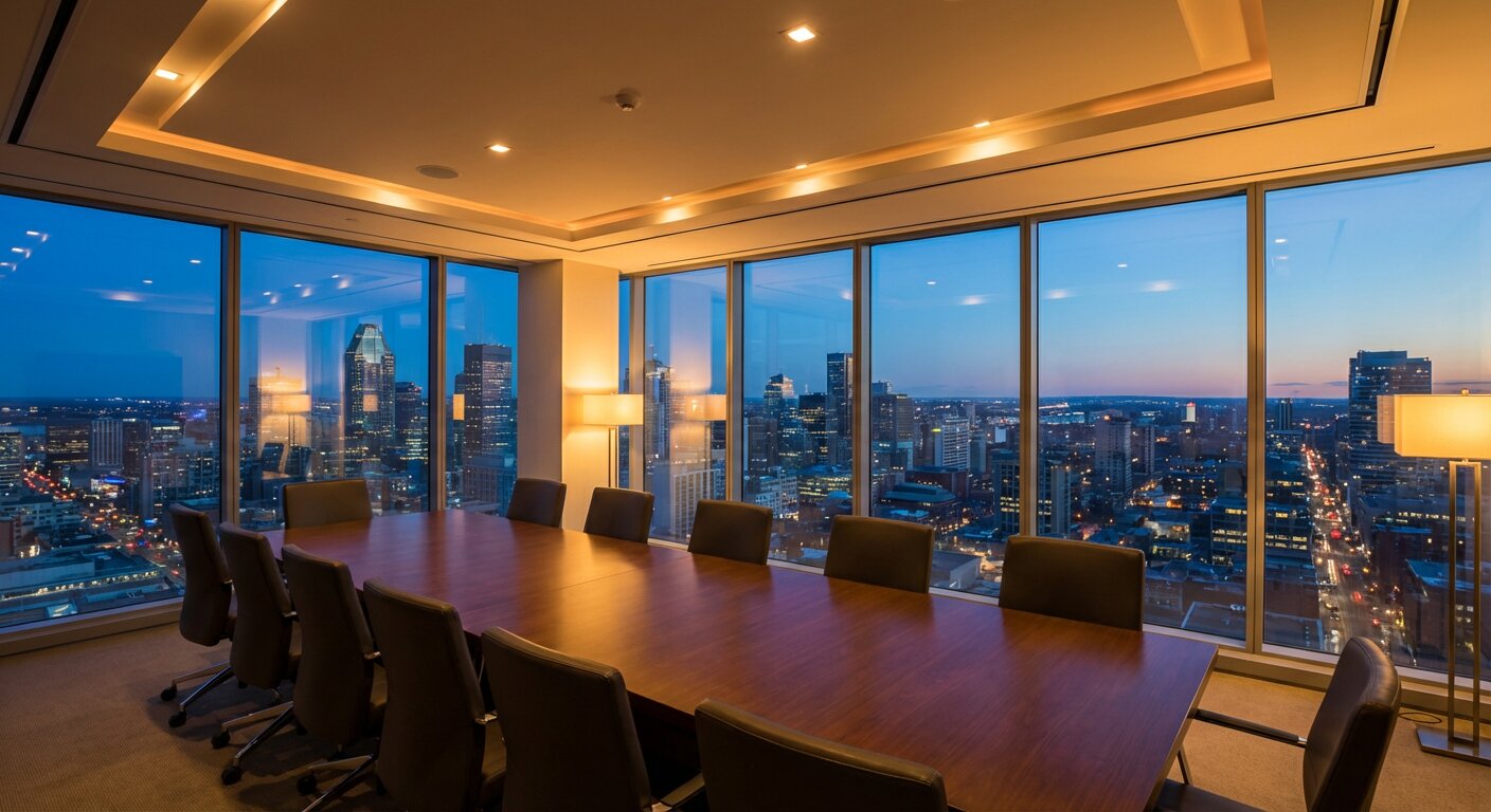 Empty modern boardroom at evening with city lights through glass wall